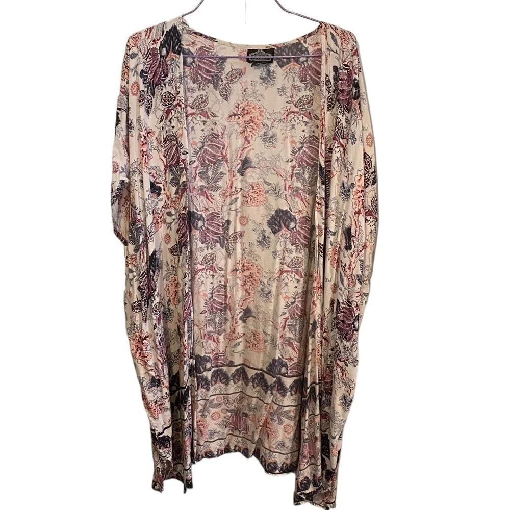 Angie white pink blue midi floral Boho kimono cover up vacation resortwear